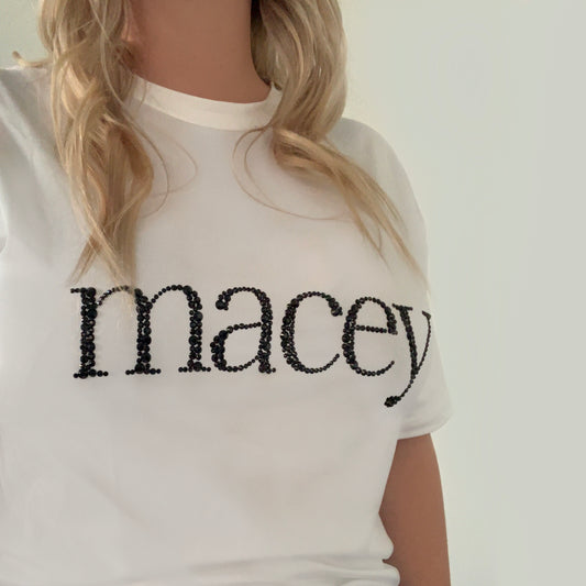 Macey White T-Shirt with Black Embellished Logo